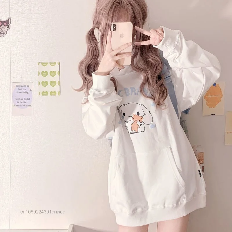 Sanrio Cinnamoroll bluza z kapturem Y2k dziewczyna Cute Anime Cartoon luźny pulower bluza z kapturem kobiety luźna moda wszechstronny Kawaii ubrania