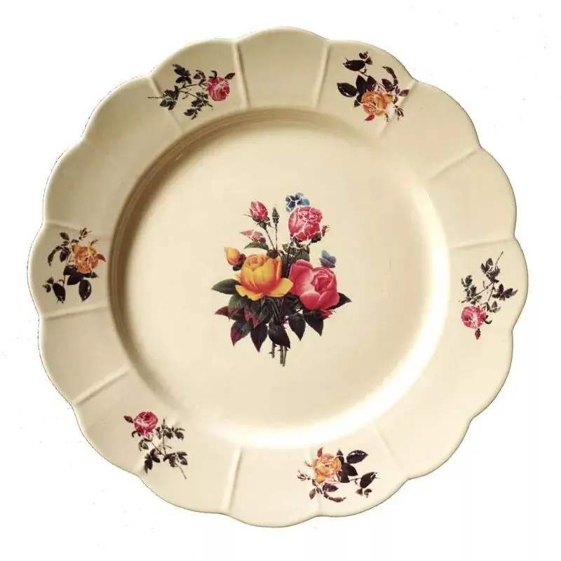 Vintage Ceramic Dessert Plate French Pastoral Style Fruit Cake Dish Rose Print Floral Shape Party Home Tableware Kitchenware