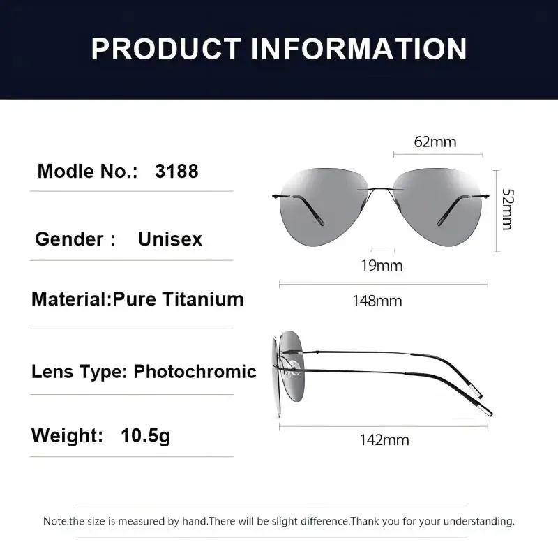 CLLOIO Ultralight Pure Titanium Photochromic Sunglasses Men Rimless Polarized Driving Glasses Anti Glare Sunshade Eyewear UV400