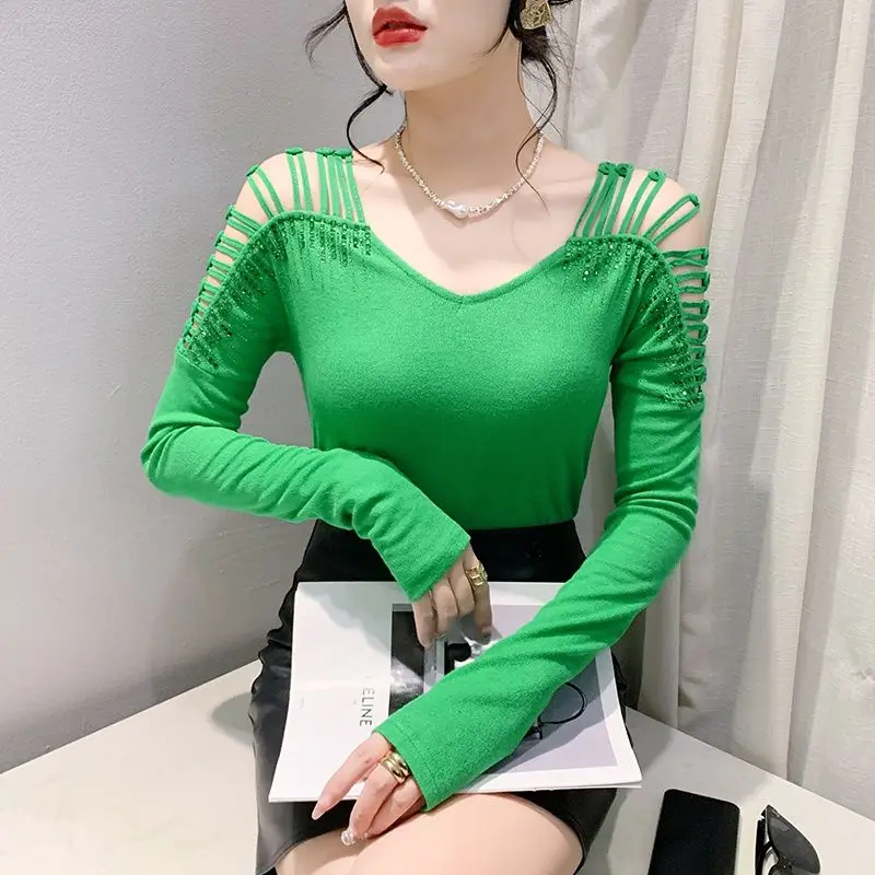 Spring Autumn V-neck Long Sleeve Fashion T-Shirts Women Hollow Out Off Shoulder Pullovers Cotton Rhinestone Elegant Youth Tops