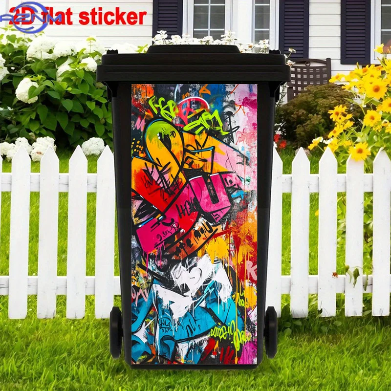 Colorful Graffiti Trash Can Sticker, Street Art Style Self-Adhesive Art Stickers, Urban Design Trash Can Decal Vibrant Abstrac