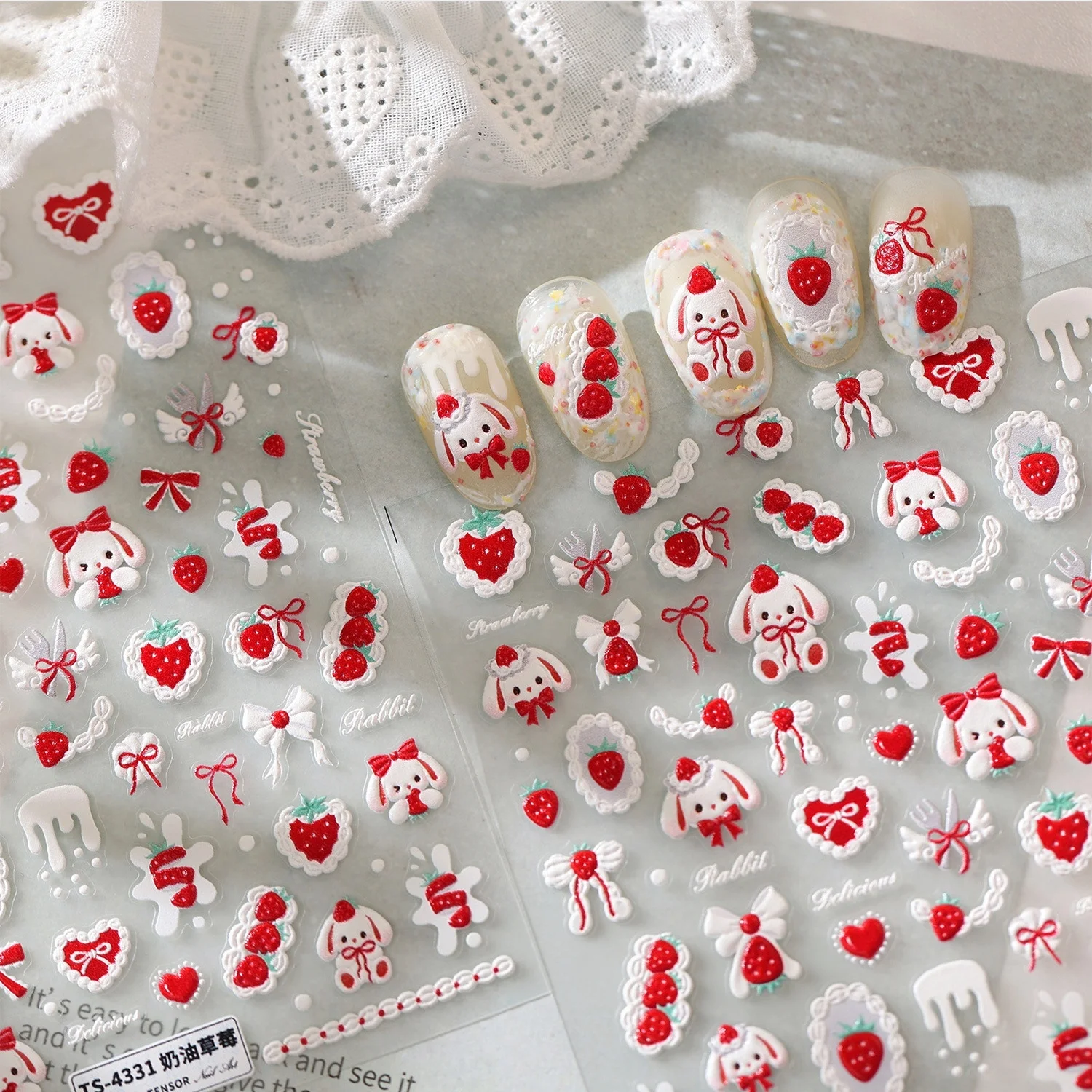 Sweet Strawberry Red 5D Embossed Nail Stickers Bunny Heart Streamer Bow Cream Drip Self‑Adhesive Nail Decoration Accessories