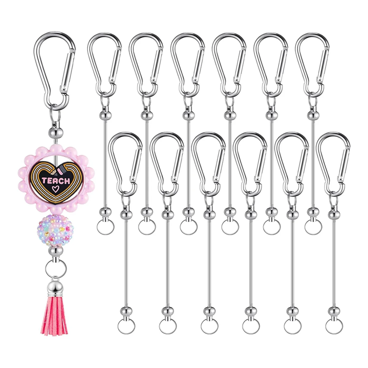 12Pcs Beadable Keychain Bars Silver Bead Keychain Bulk DIY Blank Keychain Bar for Bead Snap Hook Keychain for Making DIY