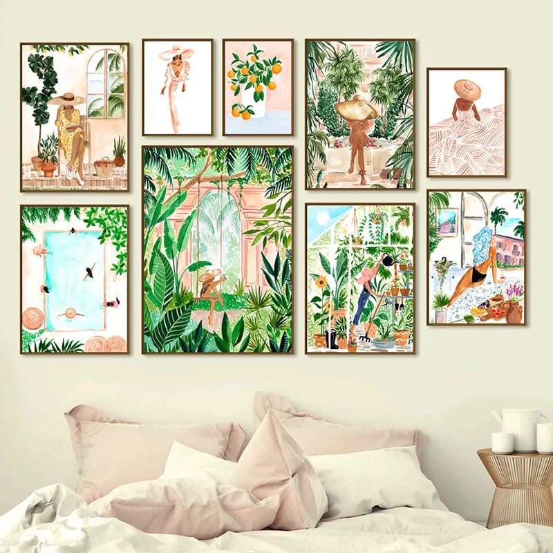 Fashion Moroccan Women Natural Tropical Jungle Oil Paintings Posters and Prints Boho Canvas Painting Nordic Wall Art Home Decor