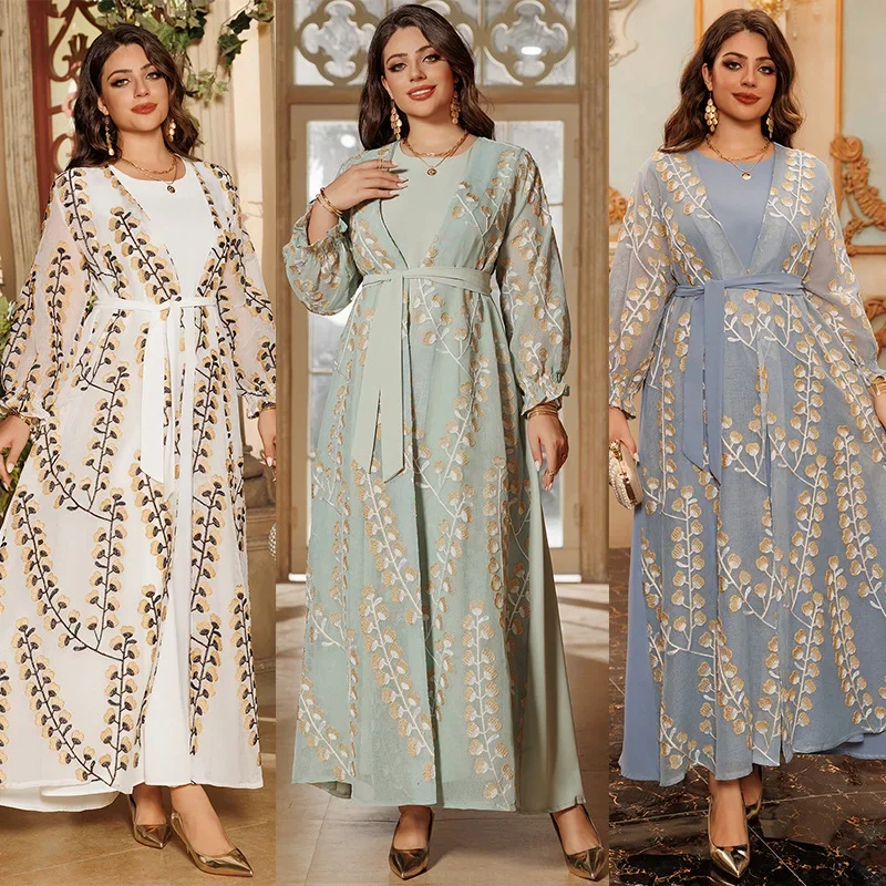 Vest Set Jurk Dubai Elegante Lange Jurk Moslimvrouwen Manchet Verzameld Abaya Gewaad Dameskleding