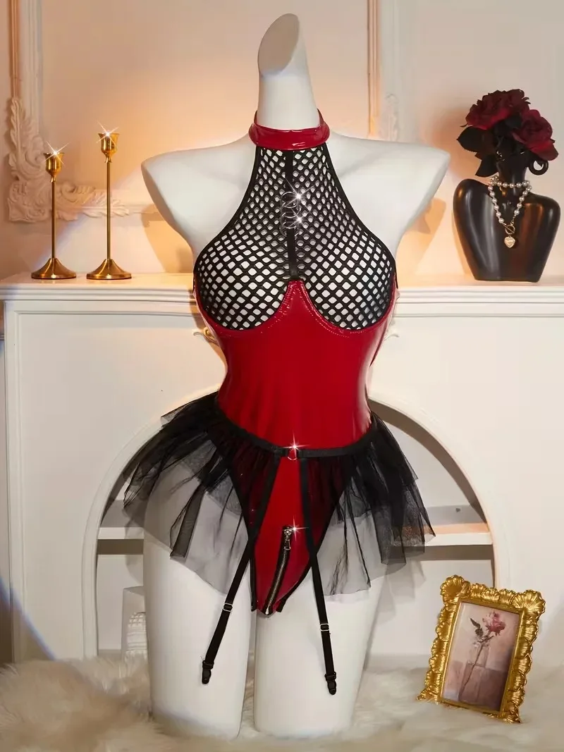 

See Through Mesh Hollow Out PU Leather Open Crotch Bodysuit for Women Sexy Underwear Lingerie Set Erotic Nightclub Wear