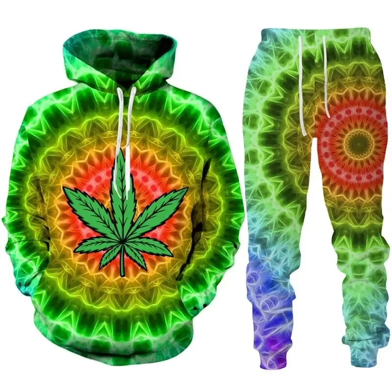 New Colorful Maple Leaf Hoodie set Sweatshirts 3D Printed Hoodie Trousers Tracksuit Suit Men Casual Oversize Loose Pullover Set