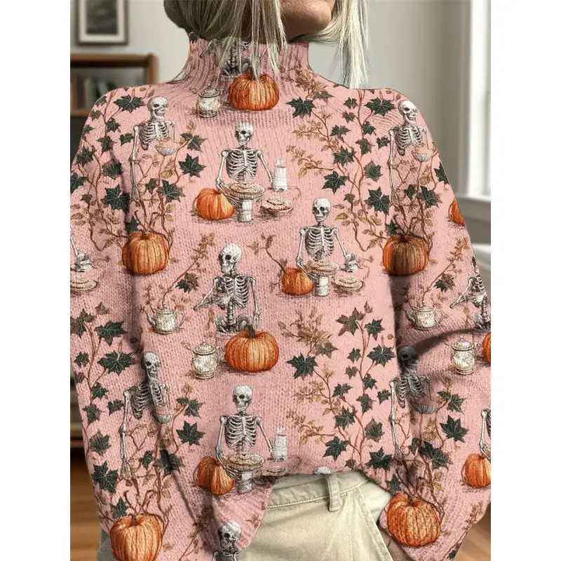 2026 Women's High-Neck Knit Sweater with Halloween Print, Long Sleeve, Warm, Autumn/Winter Casual Everyday Top