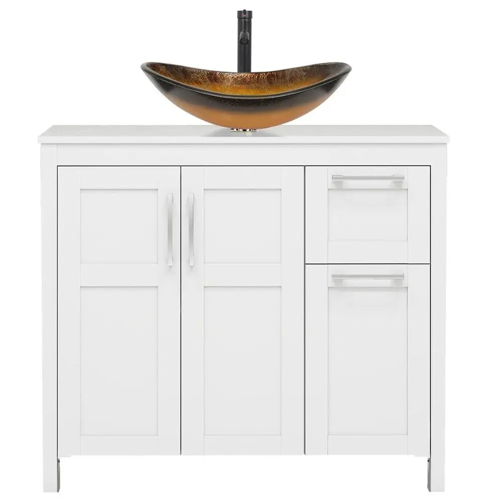 

36 Bathroom Vanity with Sink, White Bathroom Vanity with Faucet amp Pop Drain Set,Traditional Vanity with Black Glass Bowl B
