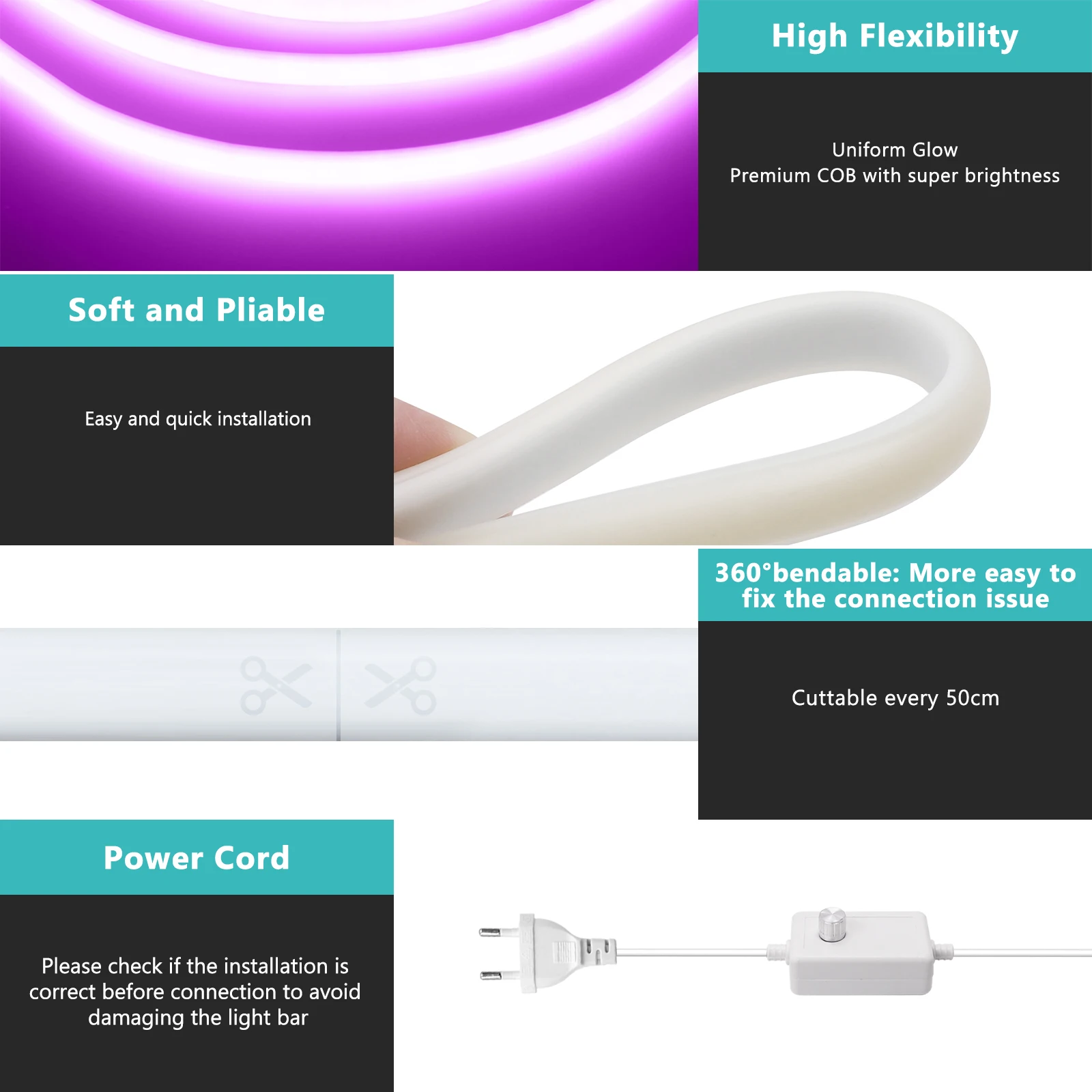 220 فولت Cob LED قطاع ضوء IP65 مقاوم للماء 288 المصابيح/م عكس الضوء المطبخ غرفة نوم عالية الكثافة شريط مرن أبيض أزرق أخضر أحمر