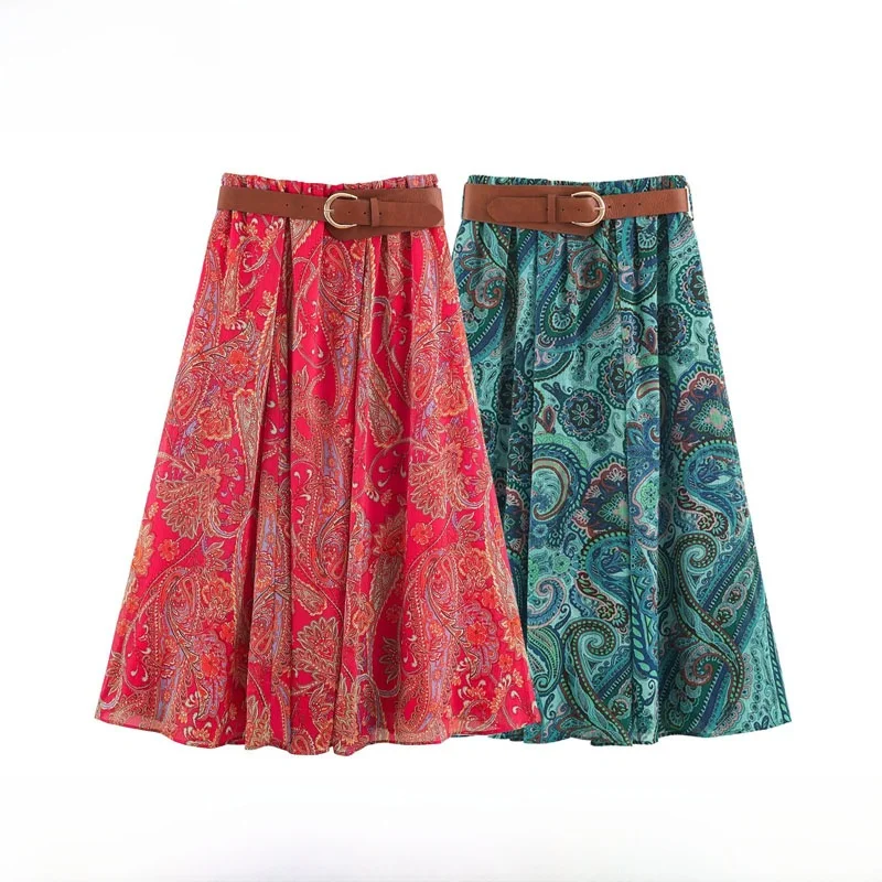 Spring Summer New Women's Fashion Simple Versatile Print Belt Skirt H-Line Standard High Waist Polyester Fiber Printed Skirt