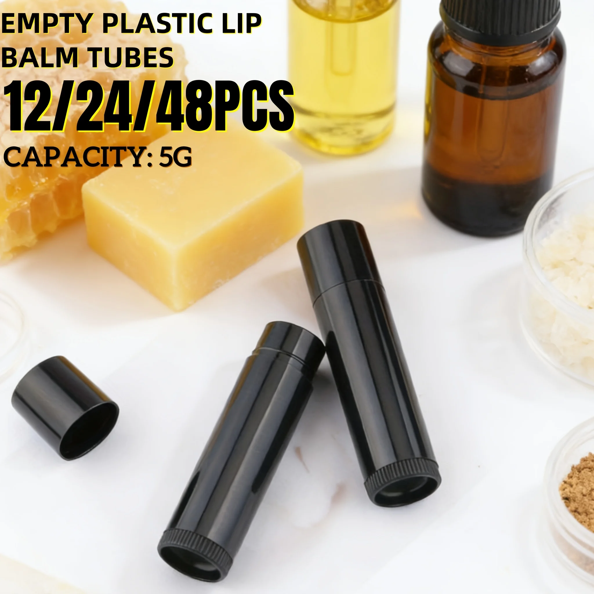 12/24/48pcs Lip Balm Tubes Empty Lipstick Bottle Refillable Cosmetic Sample Containers Plastic Lip Gloss Tubes(Black 5g)
