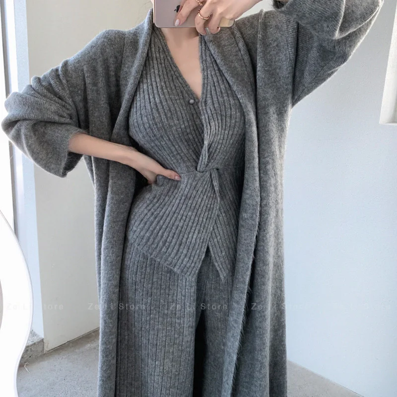 Women's Knitted Long Sleeve Vest Necktie Style Three-piece Set Winter Fashion Design Open Cardigan Long Pants Casual Wear