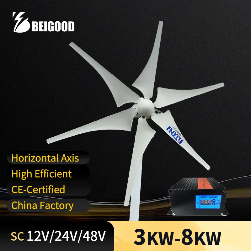 Wind Generator New Energy Horizontal Axis Wind Turbine 3KW 5KW 8KW 12v 24v 48v Low Speed Start With Hybrid Controller For Farm