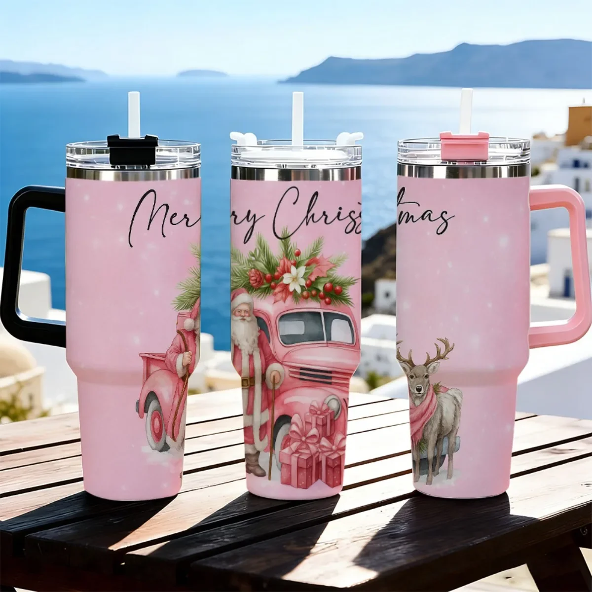 Pink Christmas Santa Vintage Truck Reindeer Print 40oz Insulated Tumbler Stainless Steel Travel Cup With Color Handle Straw Lid