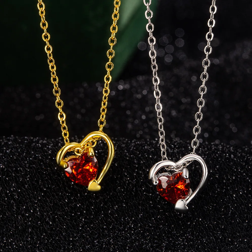 

925 Sterling Silver Necklace Red Zircons Heart Pendant Ladies Fashion Simple Birthday Party Wedding Anniversary Jewelry Gift