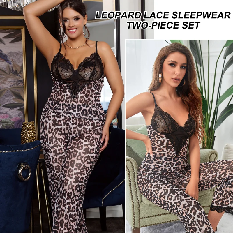 Comeondear Soft Luxury Lace Pajamas Lingerie Women Sexy Leopard Nightwear Plus Size Top And Pants Transparent 2 Pcs Nighties Set