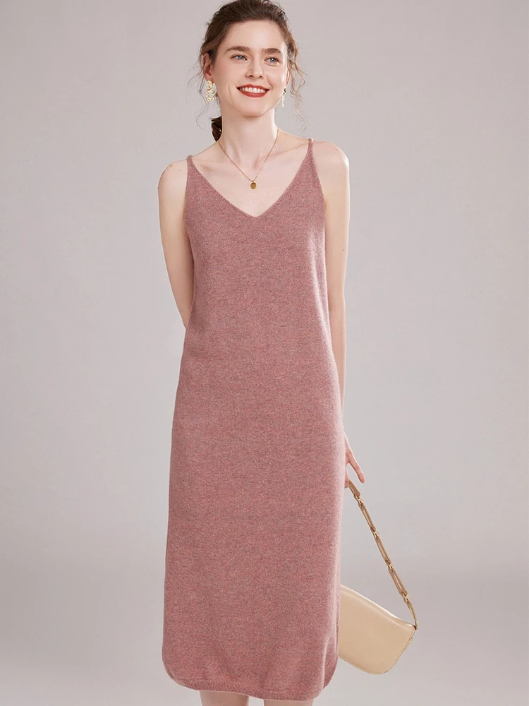 

CHICUU Women 100% Cashmere Vest Dress Autumn Winter Basic Sleeveless Dress Cashmere Knitwear Dress Office Lady Grace Style Dress