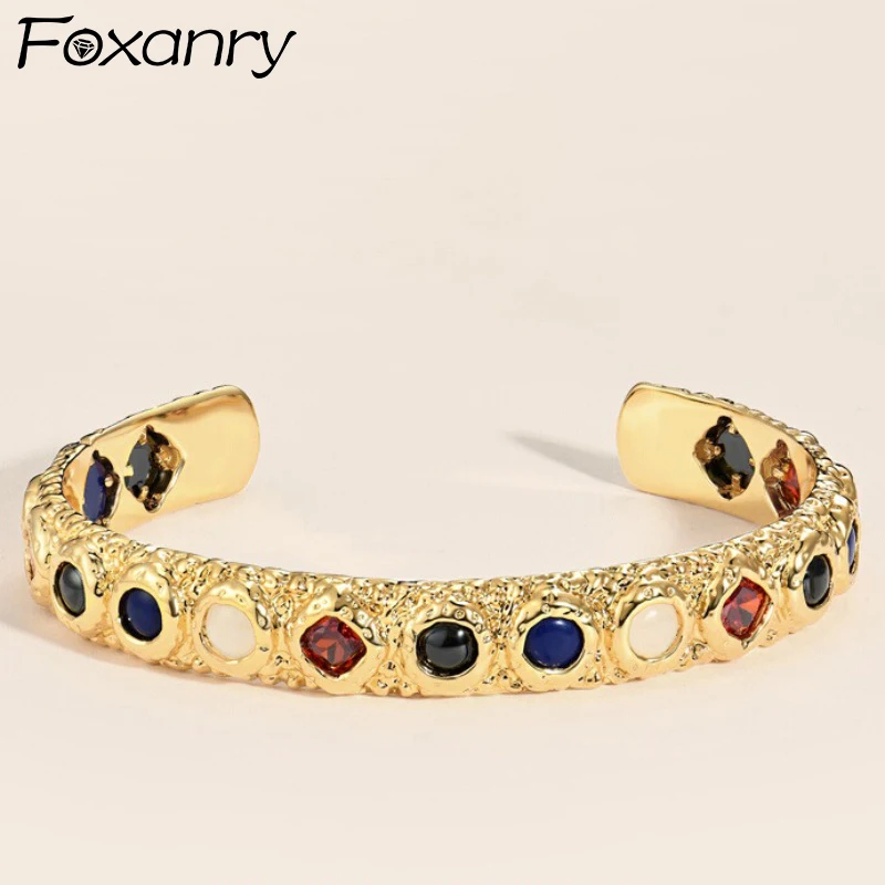 Foxanry Sparkling Multicolor Zircon Cuff Bracelet For Women Girls Fashion Minimalist Vintage Elegant Classic Engagement Jewelry