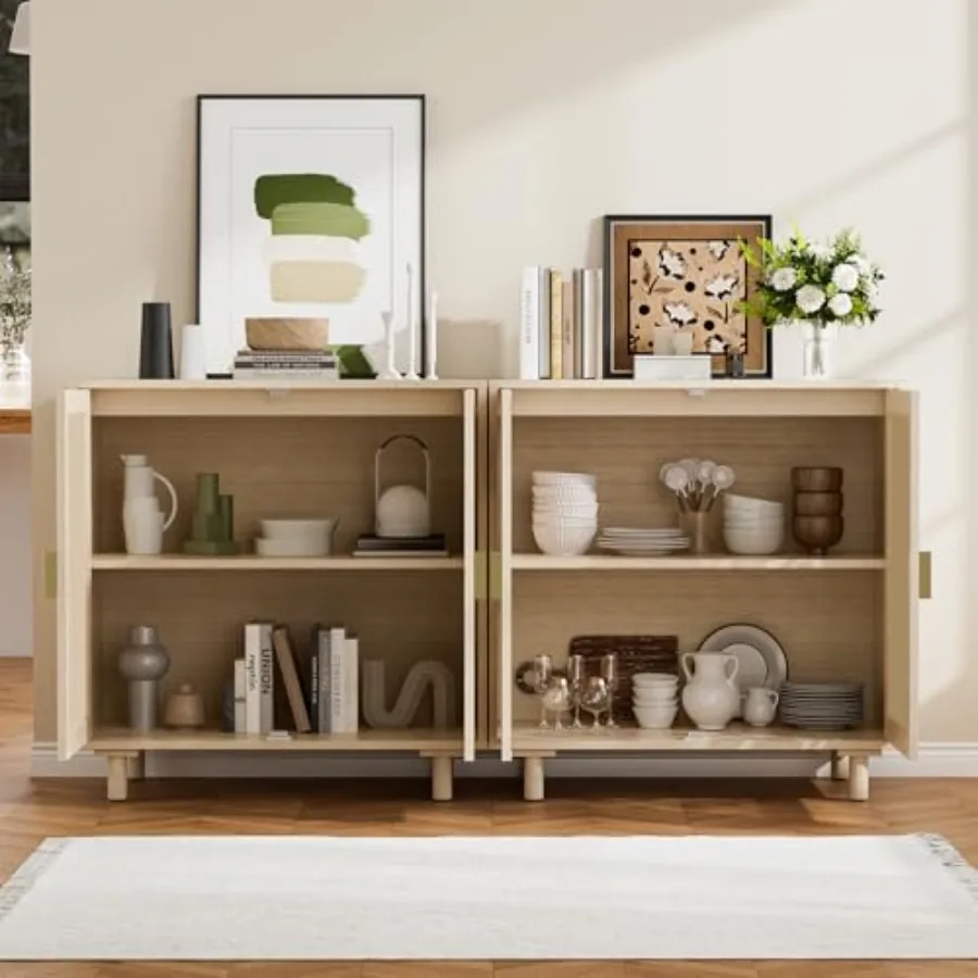 4 Doors Boho Rattan Storage Sideboard Cabinet for Kitchen Buffet, Beige, Natural Fiber Texture Lightweight Durability
