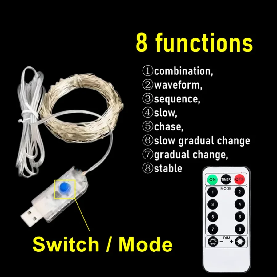 20~1m Switch USB Remote Control 8 Function Light Strip LED Fairy Light String Christmas New Year Wedding Party Garden Decoration