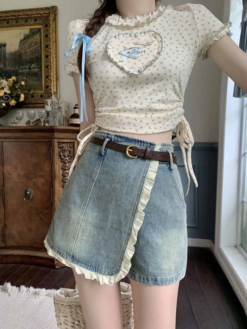 Denim Culottes Spliced ​​With Fungus Asymmetrical High-Waisted Women Clothing Retro Summer New Retro A-Line Skirt Culottes Skirt