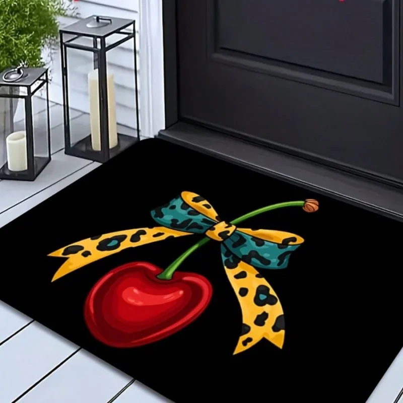 Leopard Bow Cherry Print Floor Mat Bath Mat Cute Fruit Non Slip Bathroom Absorbent Floor Rug