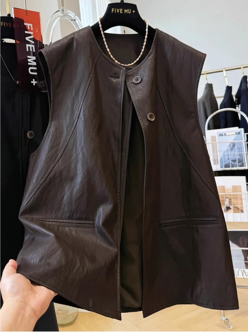 

Design Sleeveless Leather Vest 2026 Fashion New Unique Round Neck Women's Spring Autumn Korean PU Leather Jacket w1731