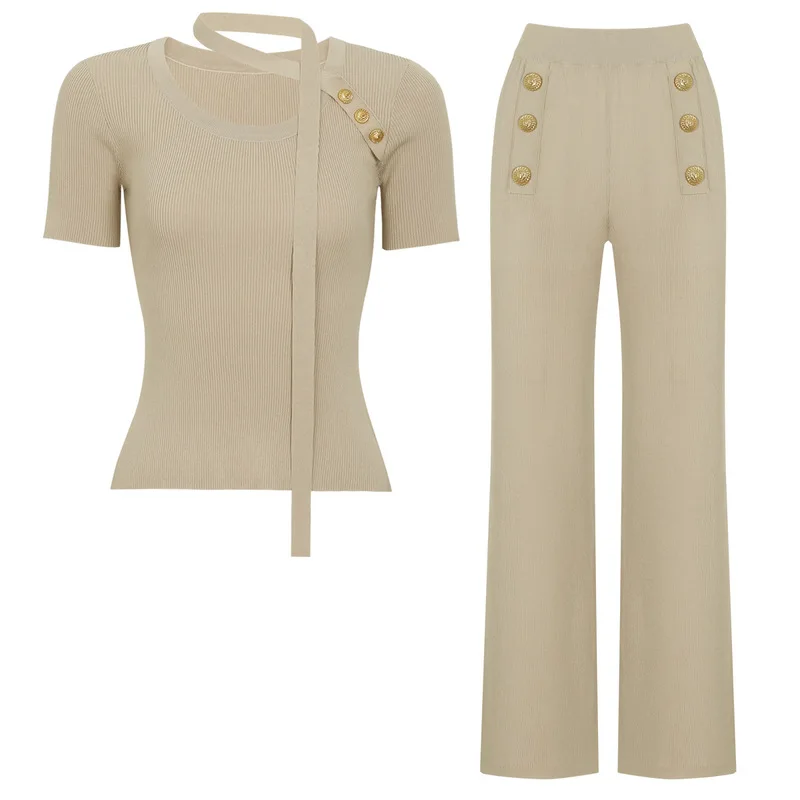 Women 2 Piece Knit Outfit Short Sleeve Tie‑neck Top High Waist Wide Leg Pants Set Gold Button Decor Ribbed Casual Two Piece Set