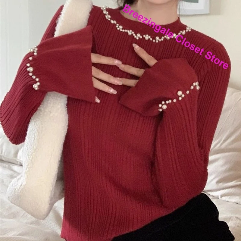 Korean small fragrant wind trumpet sleeve bottoming sweater women's spring and autumn new elegant beaded long-sleeved slim shirt