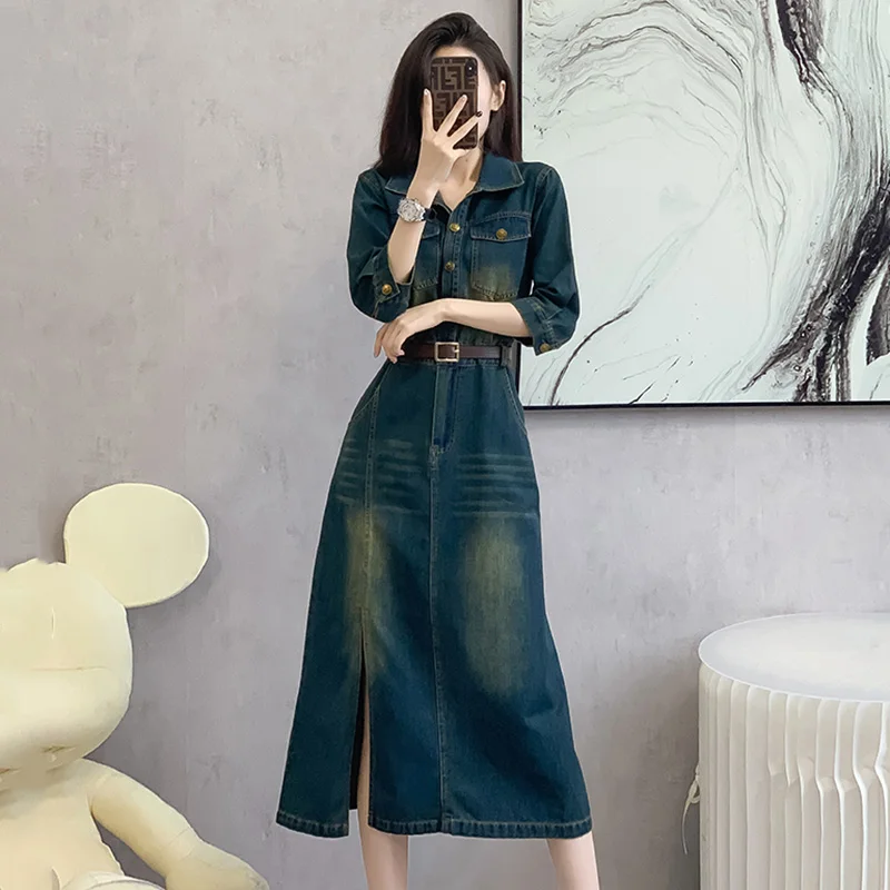 

New Women Spring Autumn Long Denim Dress Fashion Shirt Collar Hip Wrap Split Dress Casual Vintage Below the Knee Pencil Dress