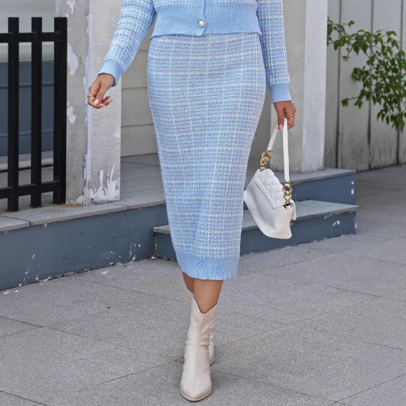 Women's Skirt Lady Temperament Skirt Mid-length Hip-pack Elastic Waist Stretch Plaid Sweater Skirt
