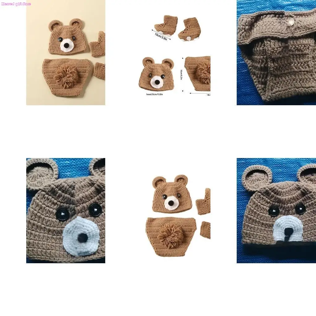 D0JC Adorable Cartoon Bear Hat and Matching Pants & Knitting Shoes Set Perfect Photography Attire for Newborns Photoshoots