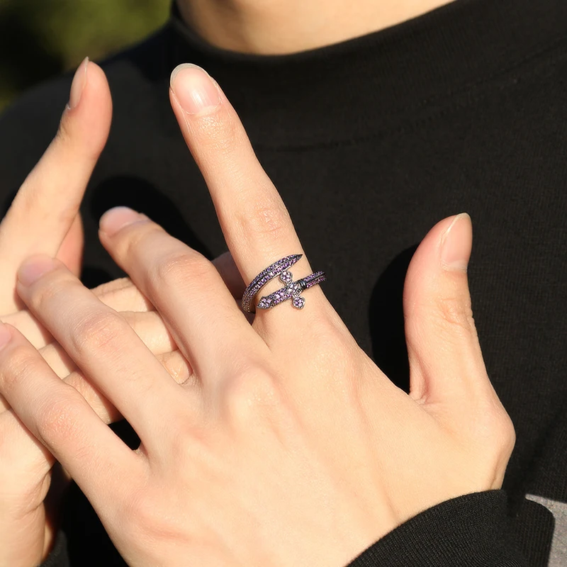 Size7-10 الهيب هوب مايكرو معبد AAA زركون بلينغ مثلج خارج سيف العدالة الدائري للرجال مغني الراب مجوهرات هدايا