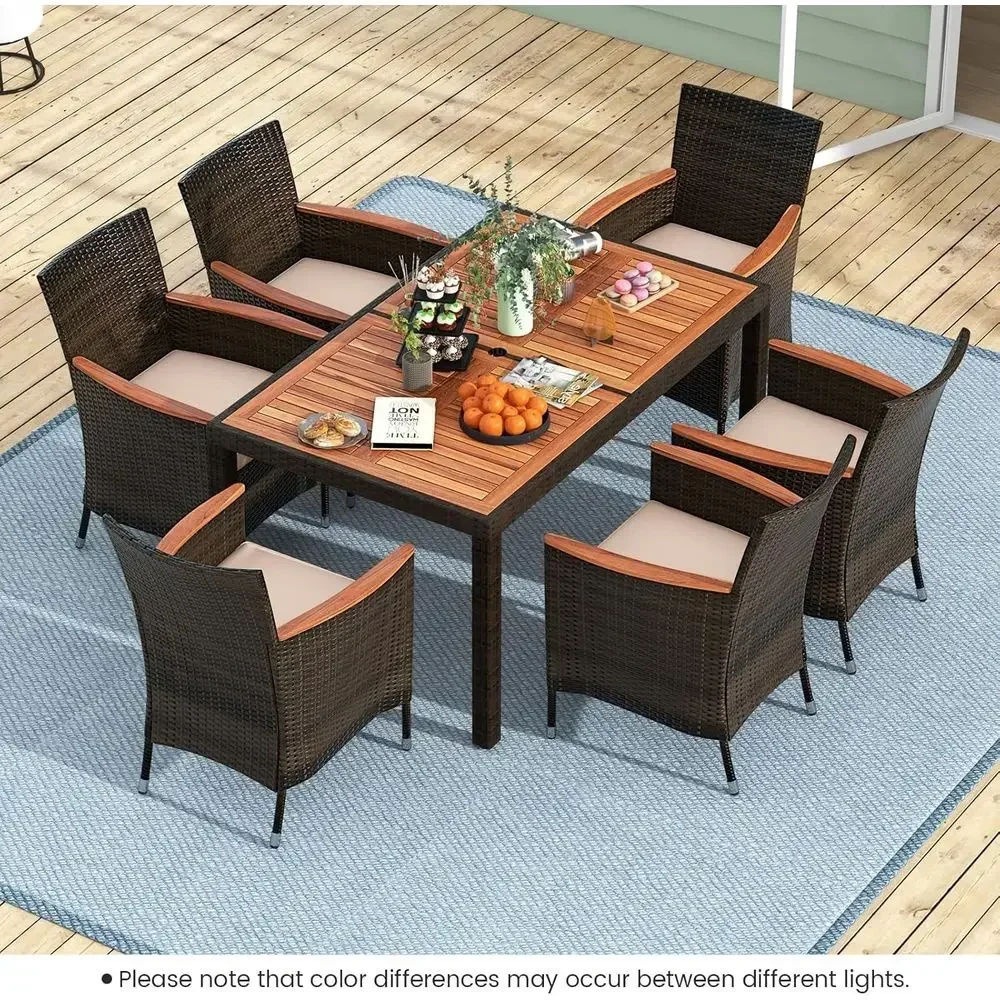 Outdoor Wicker 7-Piece Patio Dining Set with Acacia Wood Table, 6 Stackable Chairs, Umbrella Hole & Cushions