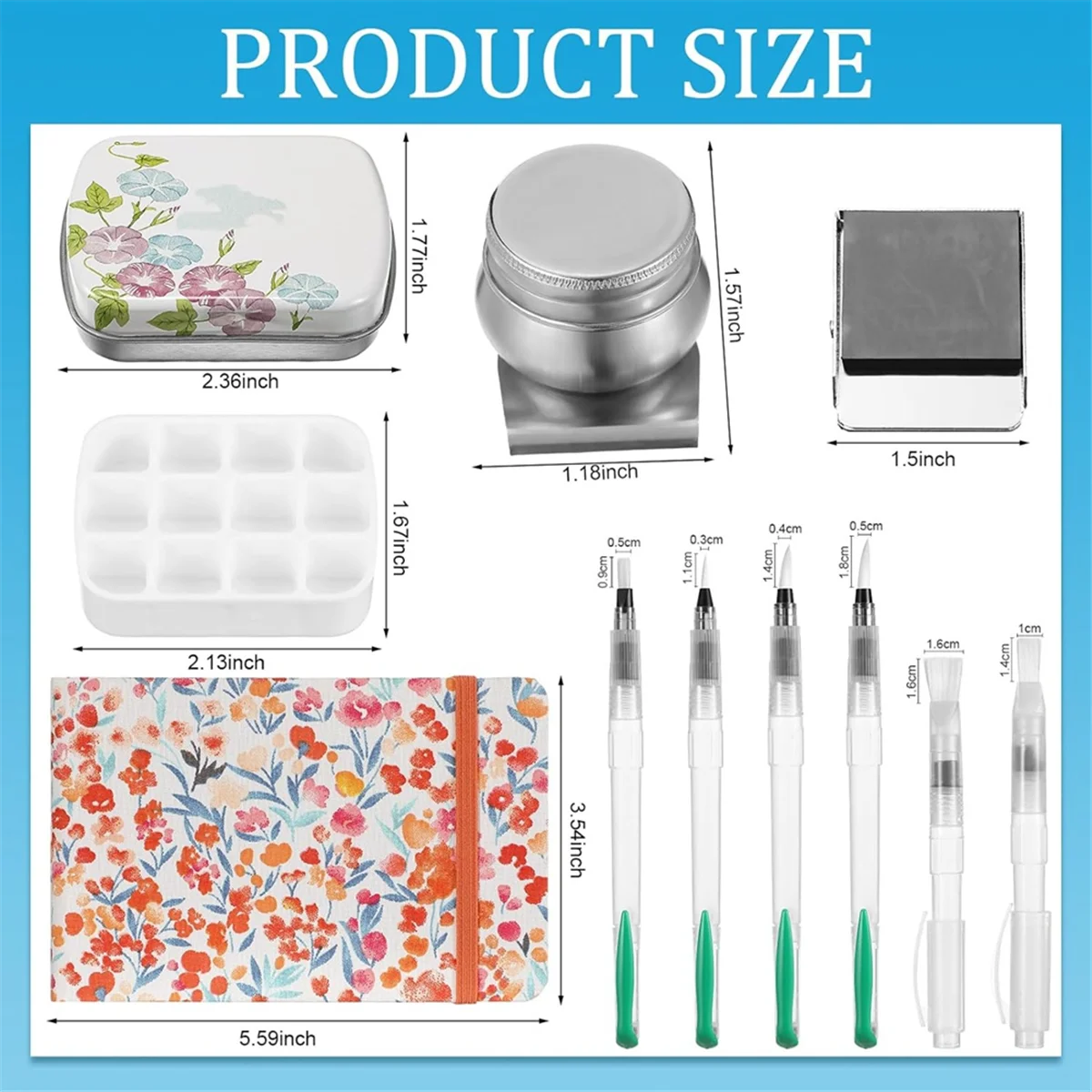 M21K 11 Piece Tin Box, 12 Empty Watercolor Palettes, Artist Brushes with Protective Case, Sketching Watercolor Kit