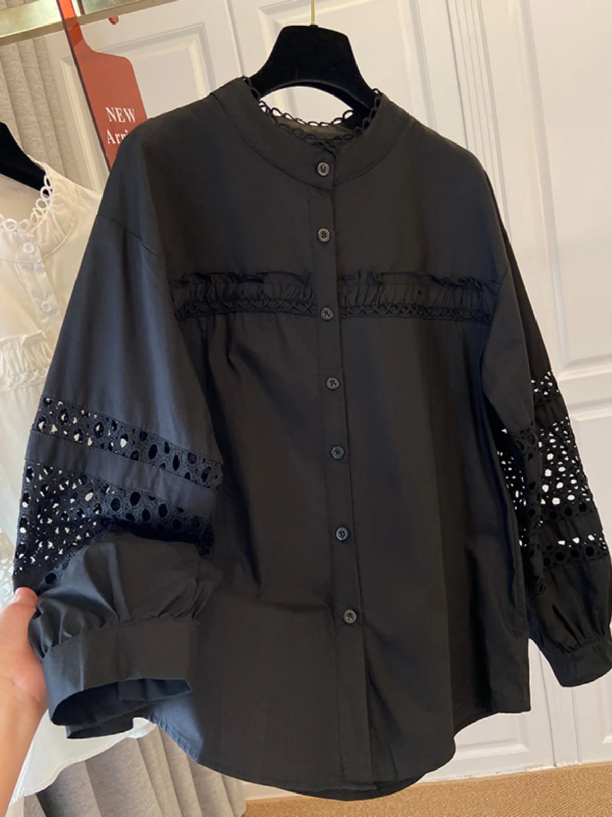 Elegant Black Lace Hollow Long Sleeve Shirt plus Size Women's Fashion Design Top Korean Style Loose Fit Autumn New Arrival