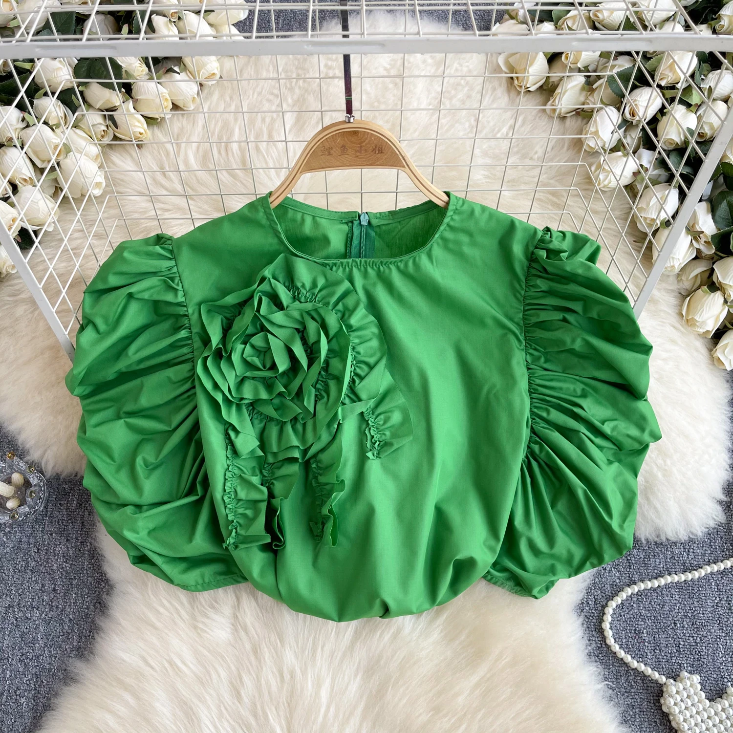 French Vintage Elegant O-Neck Three-dimensional Flower puff sleeve  Blouse Fashion Chic Top Spring Summer Women Shirt