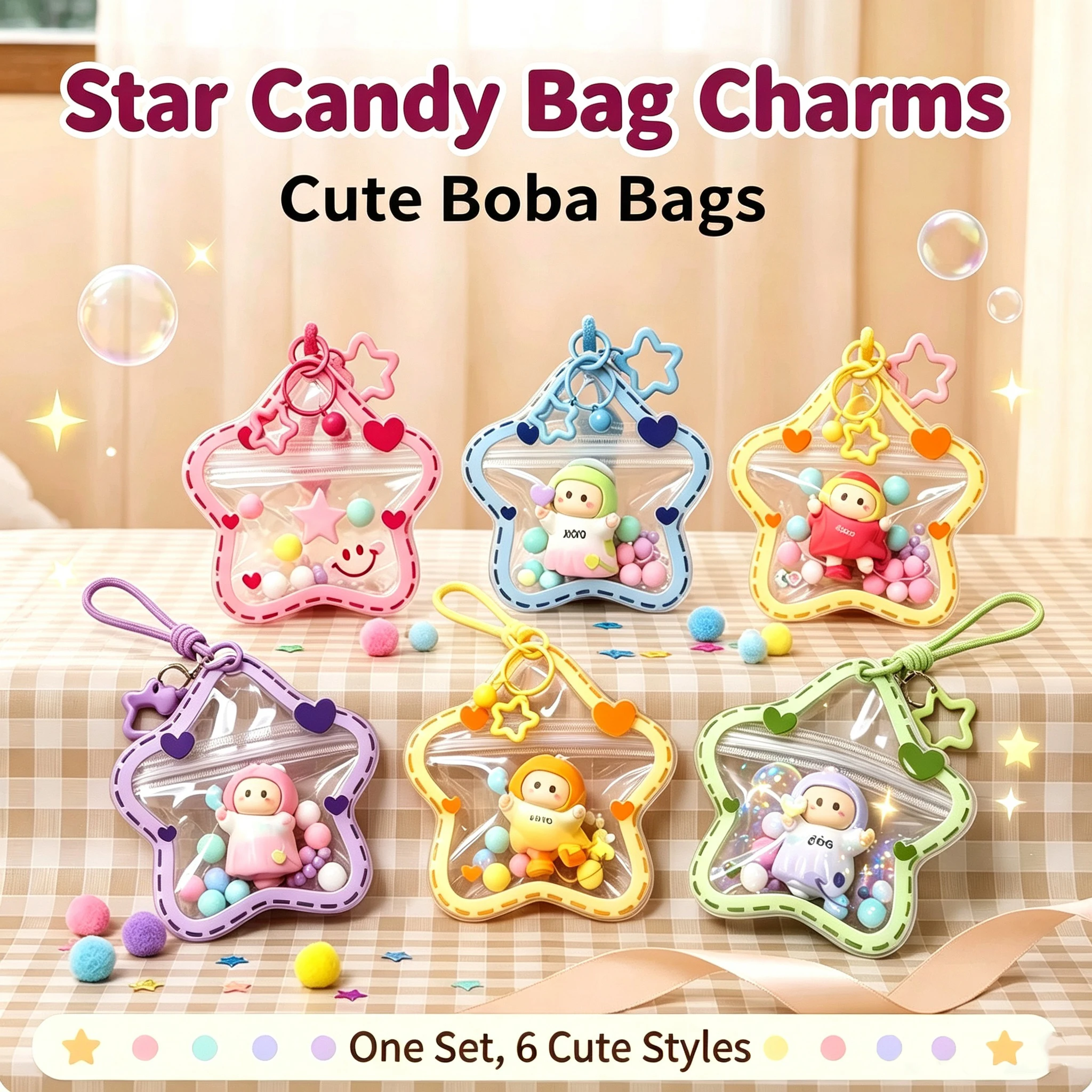 Hot Cute Transparent Star Candy Snack Packaging Bags Candy Pouch Keychain Bag With Charm For Small Anime Dolls Packaging Bag