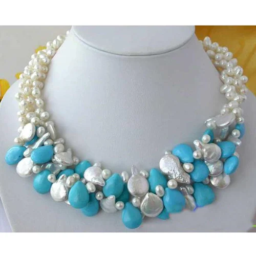 Favorite Pearl Jewelry,3 Rows White Real Pearl Natural Drip Turquoise Gemstone Necklace,Wedding Birthday Charming Lady Gift