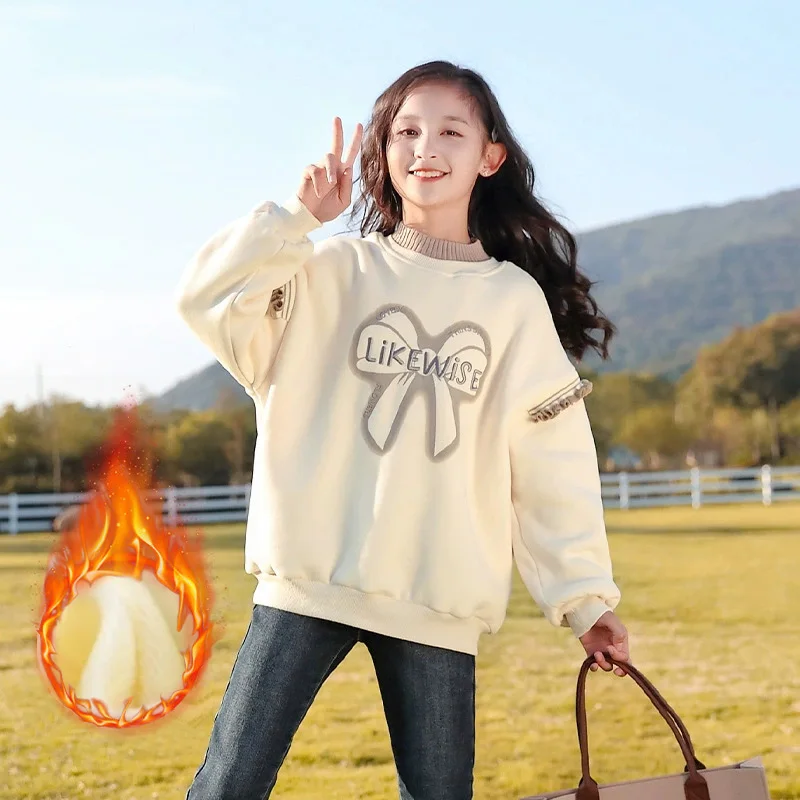 

Бархатный теплый свитшот для девочек, детские повседневные топы с бантом, осенне-зимний модный поддельный пуловер из 2 предметов с буквами, От 5 до 14 лет