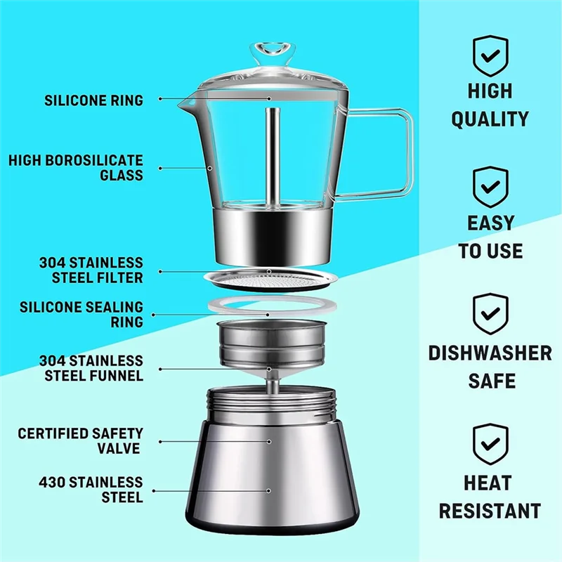 Moka Induction Stovetop Espresso Maker,Glass-Top & Stainless Steel Espresso Moka Pot,Classic Italian Coffee Maker, 240Ml