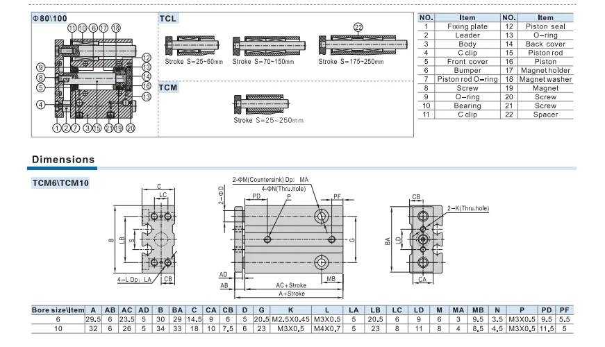 Drei-Achsen-Zylinder TCL-Serie Bohrung 12 16 20 25 32 40 50 63mm Hub 10 20 25 30 40 50 75 100 125 150 200 250 300mm – Detail 11