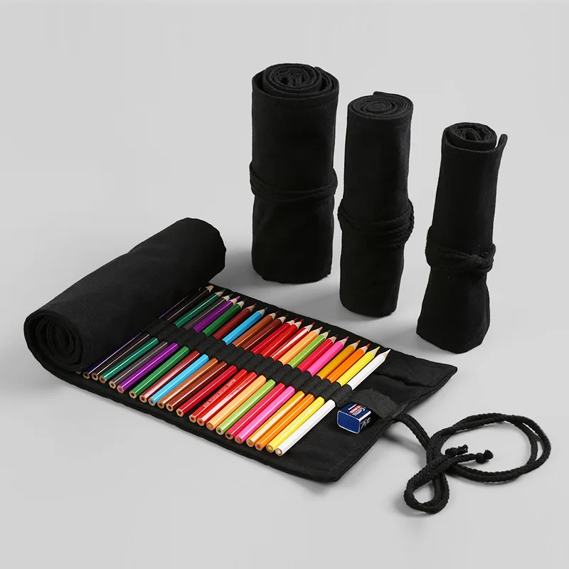 12/24/36/48/72Hole Black Cloth Pencil Case Stationery Cosmetic Brush Pencil Storage Bag Pencils Roll Art Pen Bag School Supplies