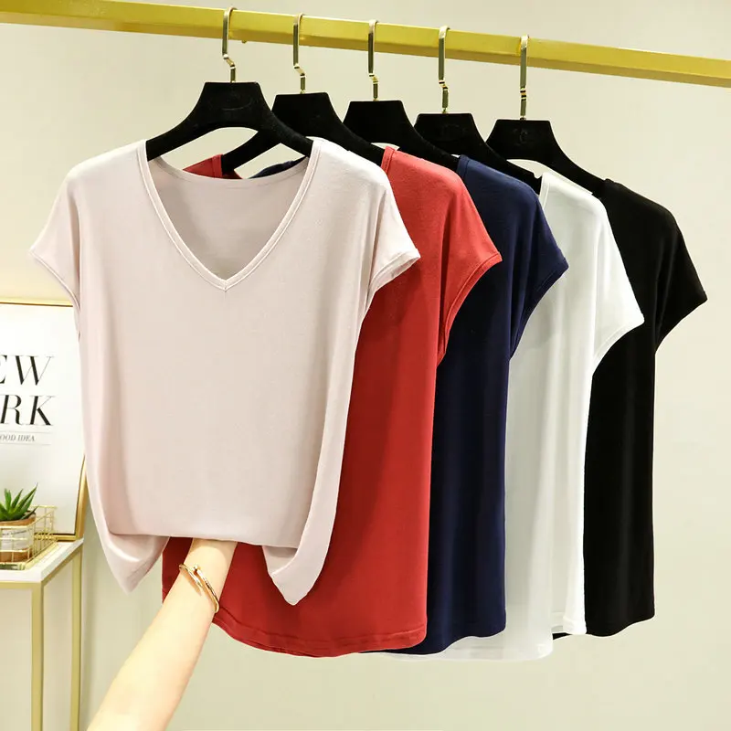 Modal V-neck Tshirt Short sleeves Summer women\'s loose casual T-shirts slim fit thin bottoming tee tops all match