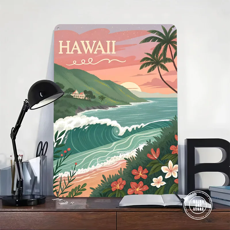 Hawaii Sunset Beach Poster Customized Vintage Metal Signs Wall Art Retro Tin Plaque for Decoration Bedroom Home Decorations Room