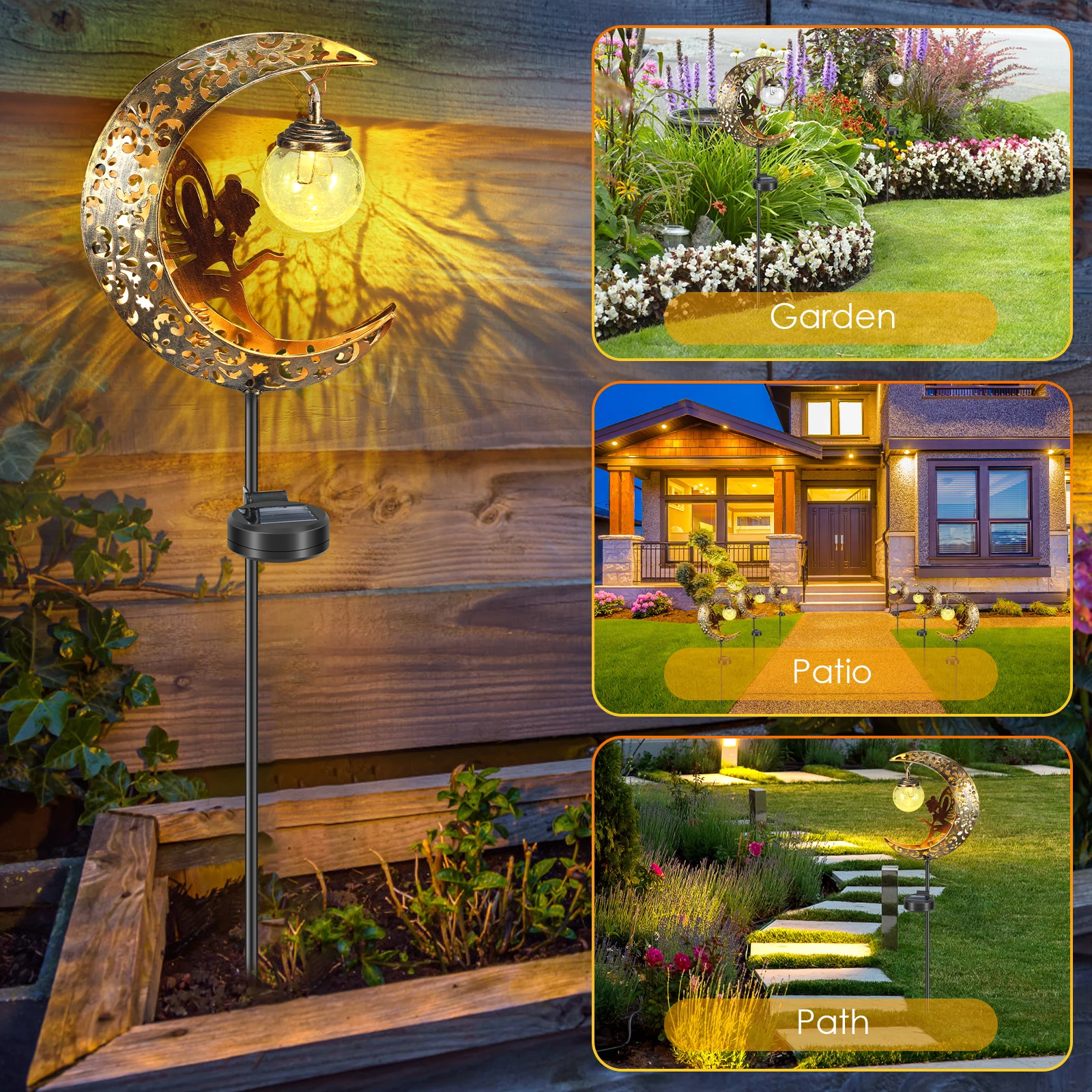 Imagem -06 - Impermeável Solar Garden Lights Decoração ao ar Livre Fada da Lua Crackle Glass Led Metal Stake Ornamento Decorative Pathway Lights