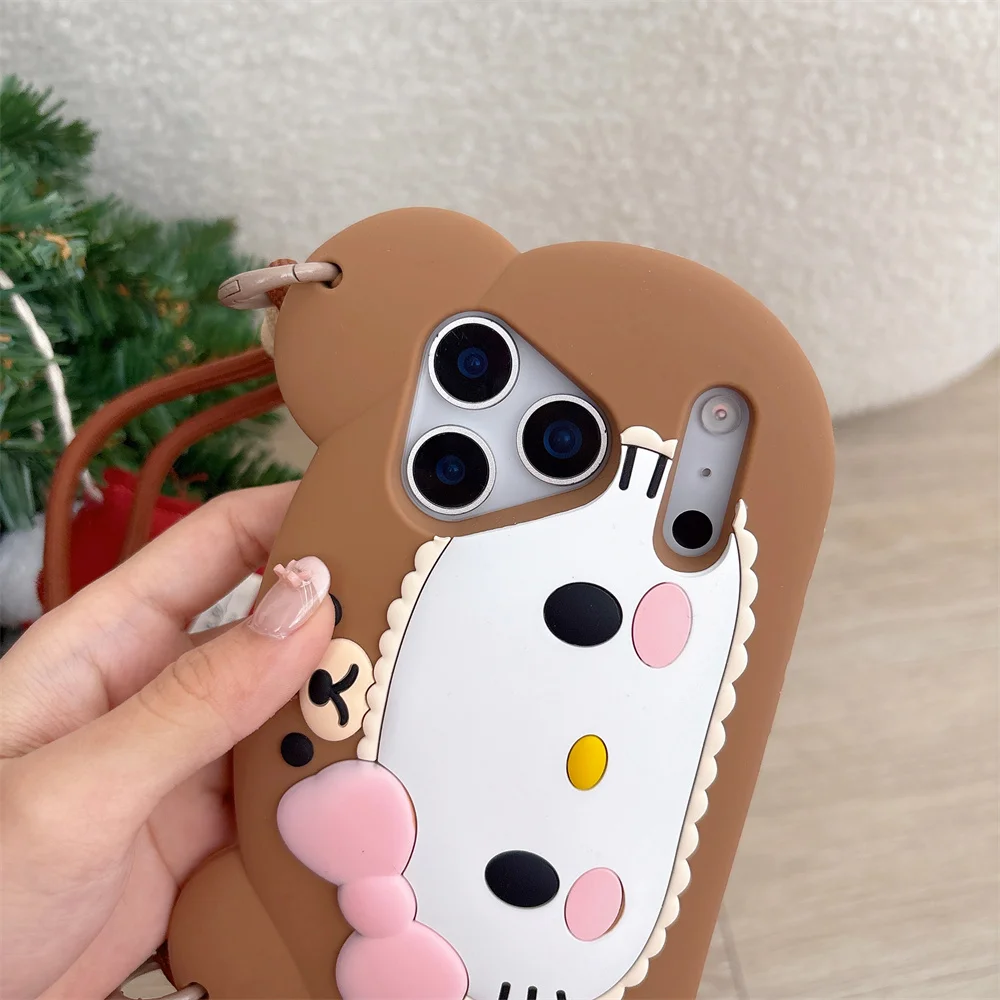 Kawaii جديد مرحبا كيتي الدب حقيبة يد ثلاثية الأبعاد جراب هاتف آيفون 17 برو 13 14 15 17 برو ماكس فوندا 16 E 15 زائد سيليكون الكرتون حالات