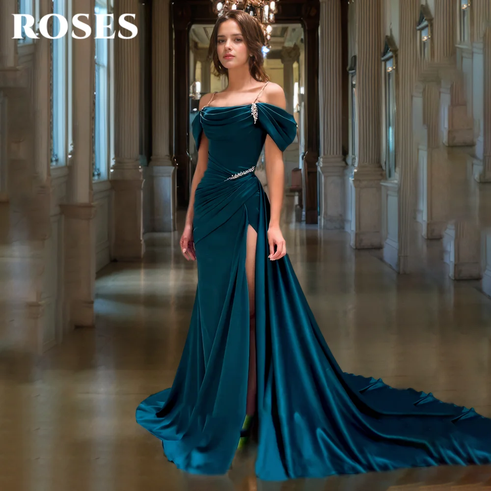 

ROSES Green Elegant Prom Dresses Scoop Off the Shoulder Prom Gown Satin Side High Split Formal Gown with Beadwork Customized