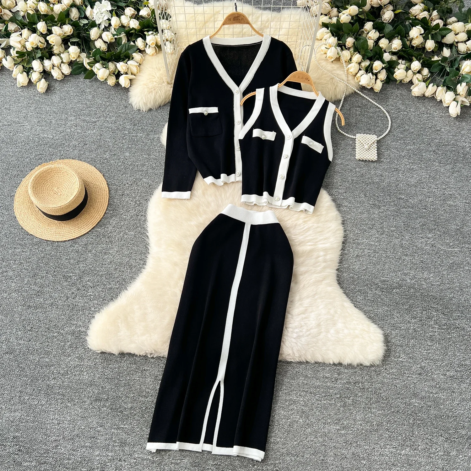 Chic Patchwork Women Three-Piece Sets Sleeveless Vest Single Breasted Top High Waist Skirt French High Street Autumn Clothing